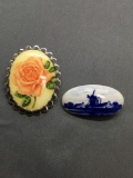 Lot of Two Hand-Painted Porcelain Fashion Brooches