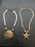Lot of Two Fashion Necklace w/ Large Pendants Featured, One Starfish Pendant & One Enameled