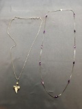 Lot of Two Silver-Tone Fashion Necklaces, One 24in Long w/ Shark tooth Pendant & One 28in Long w/