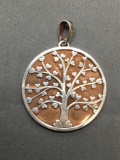 Heart Accented Tree of Life Design Round 38mm Diameter Mexican Made Signed Designer Sterling Silver