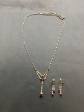 Lot of Two Matched Set Red & White Rhinestone Featured Vintage 18in Long Necklace & Pair of Drop