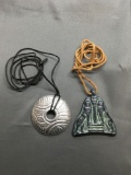 Lot of Two Large Tribal Themed Pendants w/ Leather Cords