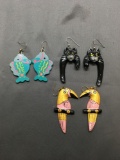 Lot of Three Whimsical Hand-Painted Wood Carved Pairs of Earrings, One Cat, One Fish & One Parrot