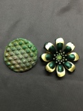 Lot of Two Large Round Green Colored Fashion Brooches