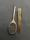 Lot of Two Gold-Tone Fashion Tie Pins, One Tennis Racket Themed & One Traditional Bar