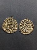 Lot of Two Round 38mm Diameter Matched Handmade Gold-Tone Fashion Pendants