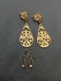 Lot of Two Teardrop Shaped Gold-Tone Pairs of Fashion Earrings