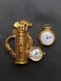Lot of Two Gold-Tone Fashion Watches, One 3in Tall Golf Bag Style Desk Clock & One Round 25mm Pocket