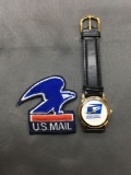 Lot of Two United States Postal Service Items, Patch & One Stainless Steel Watch w/ Black Leather