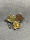 Jasper Inlaid Three Leaf Clover Design 25mm Diameter Sterling Silver Brooch