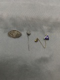 Lot of Three Sterling Silver Items, One Catholic Pin, Fleur De Li Hat Pin & Tie Chain