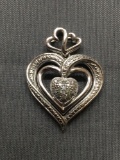 Round Faceted Diamond Featured 20x20mm Sterling Silver Ribbon Heart Pendant