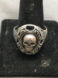 Masonic Style Skull Detailed Center Filigree Detailed 23mm Wide Tapered Sterling Silver Ring Band