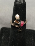 Pearl Drop & Pink Gemstone Featured 20mm Wide Tapered Filigree Detailed Sterling Silver Bypass Ring