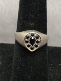 Pear Faceted Midnight Sapphire w/ Round Halo Feature 11mm Wide Tapered Sterling Silver Ring Band