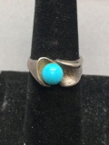 Round 6.5mm Turquoise Bead Center Handmade 10mm Wide Tapered Engraving Detailed Sterling Silver