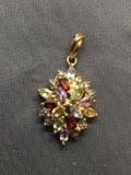 Multi-Colored Marquise Faceted Gemstone Cluster Feature w/ Round Faceted Diamond Accent 26mm Tall