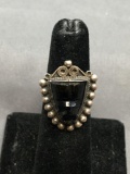 Bead Ball & Filigree Frame Detailed 14x10mm Onyx Hand-Carved Onyx Gemstone Center Sterling Silver