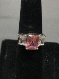 Rectangular Radiant Faceted 10x8 Pink Topaz Center w/ Twin 7x5mm White Topaz Sides Sterling Silver