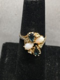 Twin Teardrop Shaped Opal Centers w/ Blue & White CZ Accents Cluster Design 18kt Gold Filled Ring