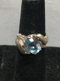 Horizontal Set 10x8mm Blue Topaz Center Dolphin Themed Sterling Silver Ring Band