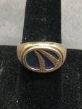 Abalone Inlaid Center 14mm Wide Tapered Signed Designer Sterling Silver Ring Band