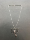 New! Amazing Large Rose Quartz Accented 2 1/8in Detailed Sterling Silver Butterfly Pendant w/ 18in