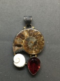New! Gun Metal Finished 2.25in Amazing Ammonite Fossil w/ Shiva Shell & Garnet Accented Sterling