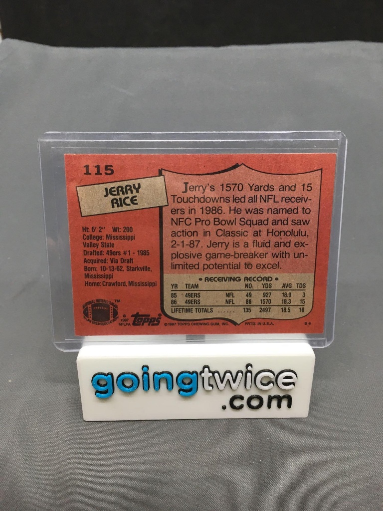 1987 Topps Football #115 JERRY RICE San Francisco 49ers 2nd Year Vintage  Trading Card | Online Auctions | Proxibid