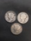 3 Count Lot of United States Mercury Dimes - 90% Silver Coins from Estate