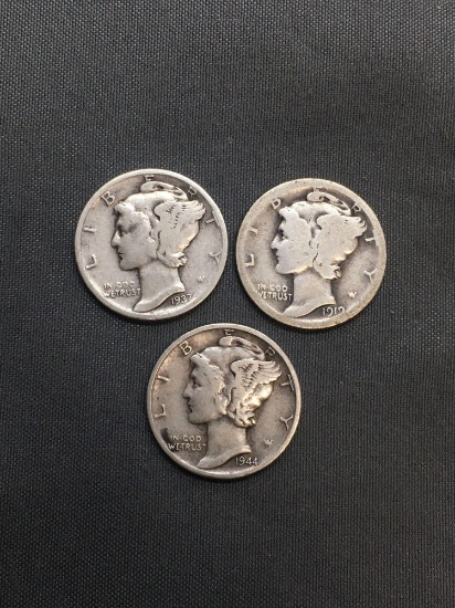 3 Count Lot of United States Mercury Dimes - 90% Silver Coins from Estate