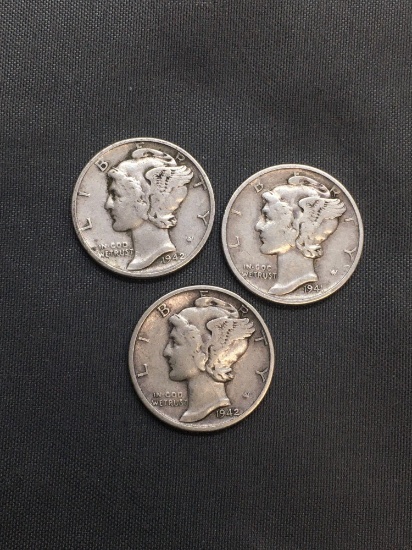 3 Count Lot of United States Mercury Dimes - 90% Silver Coins from Estate