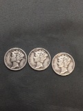 3 Count Lot of United States Mercury Dimes - 90% Silver Coins from Estate