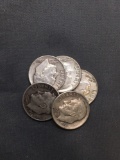 5 Count Lot of United States Roosevelt Dimes - 90% Silver Coins From Estate