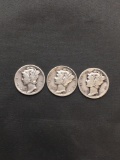 3 Count Lot of United States Mercury Dimes - 90% Silver Coins from Estate