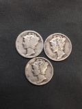 3 Count Lot of United States Mercury Dimes - 90% Silver Coins from Estate