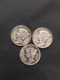 3 Count Lot of United States Mercury Dimes - 90% Silver Coins from Estate