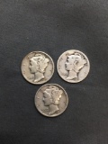 3 Count Lot of United States Mercury Dimes - 90% Silver Coins from Estate