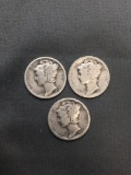 3 Count Lot of United States Mercury Dimes - 90% Silver Coins from Estate