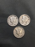 3 Count Lot of United States Mercury Dimes - 90% Silver Coins from Estate