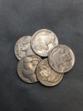 5 Count Lot of United States Buffalo Nickels Full Date - 90% Silver Coins from Estate