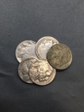 5 Count Lot of United States Buffalo Nickels Full Date - 90% Silver Coins from Estate