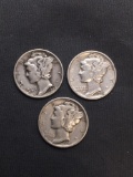 3 Count Lot of United States Mercury Dimes - 90% Silver Coins from Estate