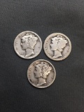 3 Count Lot of United States Mercury Dimes - 90% Silver Coins from Estate