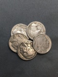 5 Count Lot of United States Buffalo Nickels Full Date - 90% Silver Coins from Estate