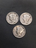 3 Count Lot of United States Mercury Dimes - 90% Silver Coins from Estate