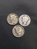 3 Count Lot of United States Mercury Dimes - 90% Silver Coins from Estate
