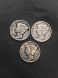 3 Count Lot of United States Mercury Dimes - 90% Silver Coins from Estate