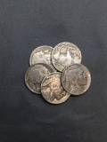 5 Count Lot of United States Buffalo Nickels Full Date - 90% Silver Coins from Estate