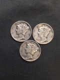 3 Count Lot of United States Mercury Dimes - 90% Silver Coins from Estate
